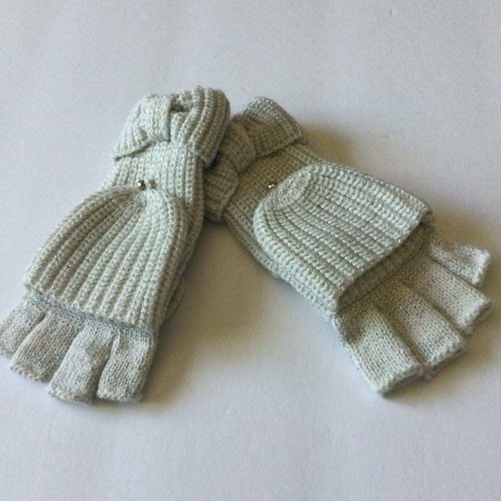 KATE SPADE METALLIC BOW POP TOP CONVERTIBLE MITTENS FINGERLESS GLOVES SILVER NWO